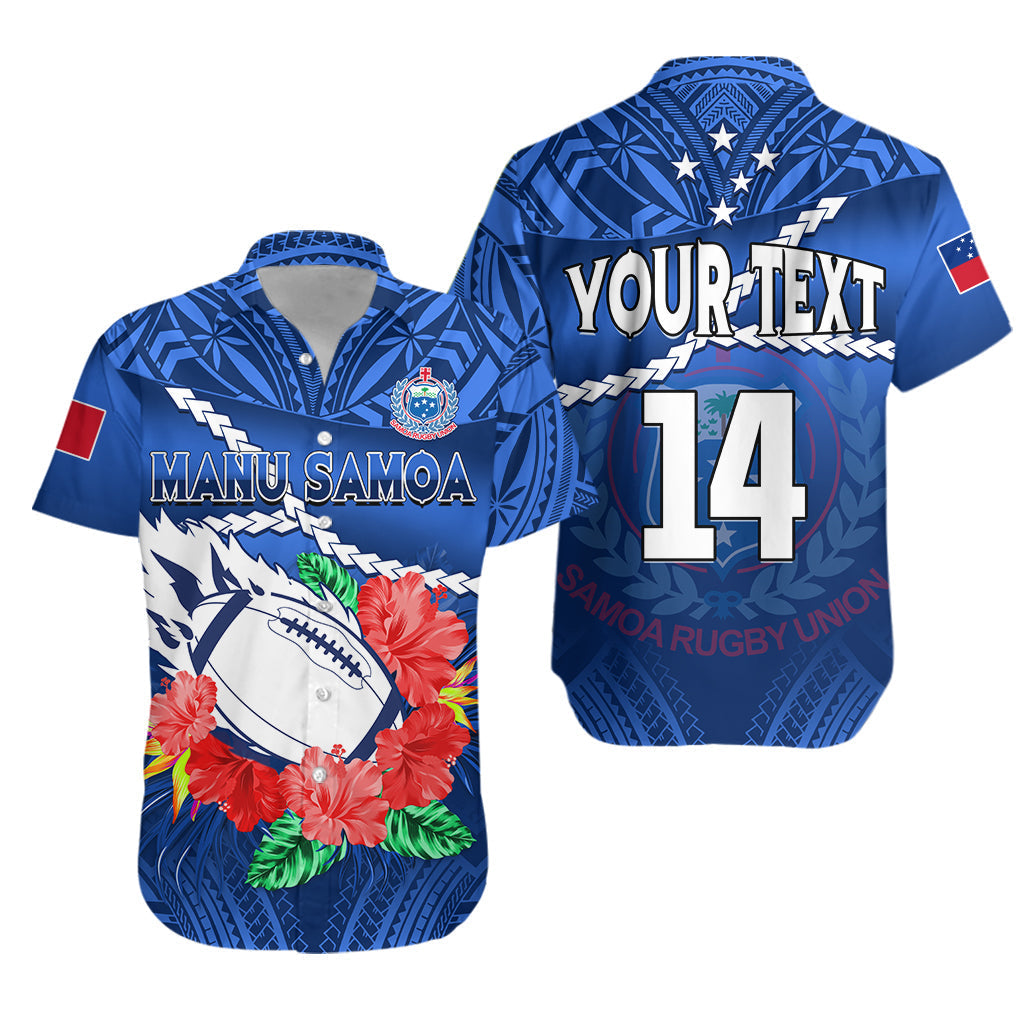 Custom Text And Number Samoa Rugby Hawaiian Shirt Manu Samoa Polynesian Hibiscus Blue Style