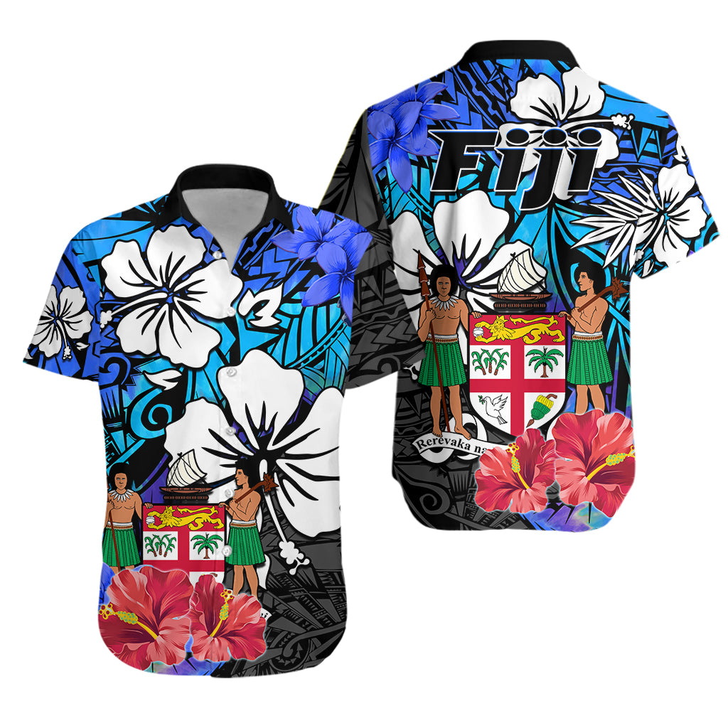 Fiji Tie Dye Hawaiian Shirt Polynesian Blue Tribal Creative Tropical Flowers