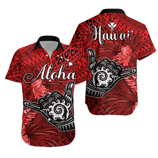 The Shaka Hawaii Hawaiian Shirt Tropical Flowers Red Version