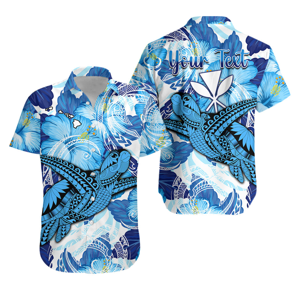 Custom Personalised Hawaii Hawaiian Shirt Blue Polynesian Turtle and Hibiscus