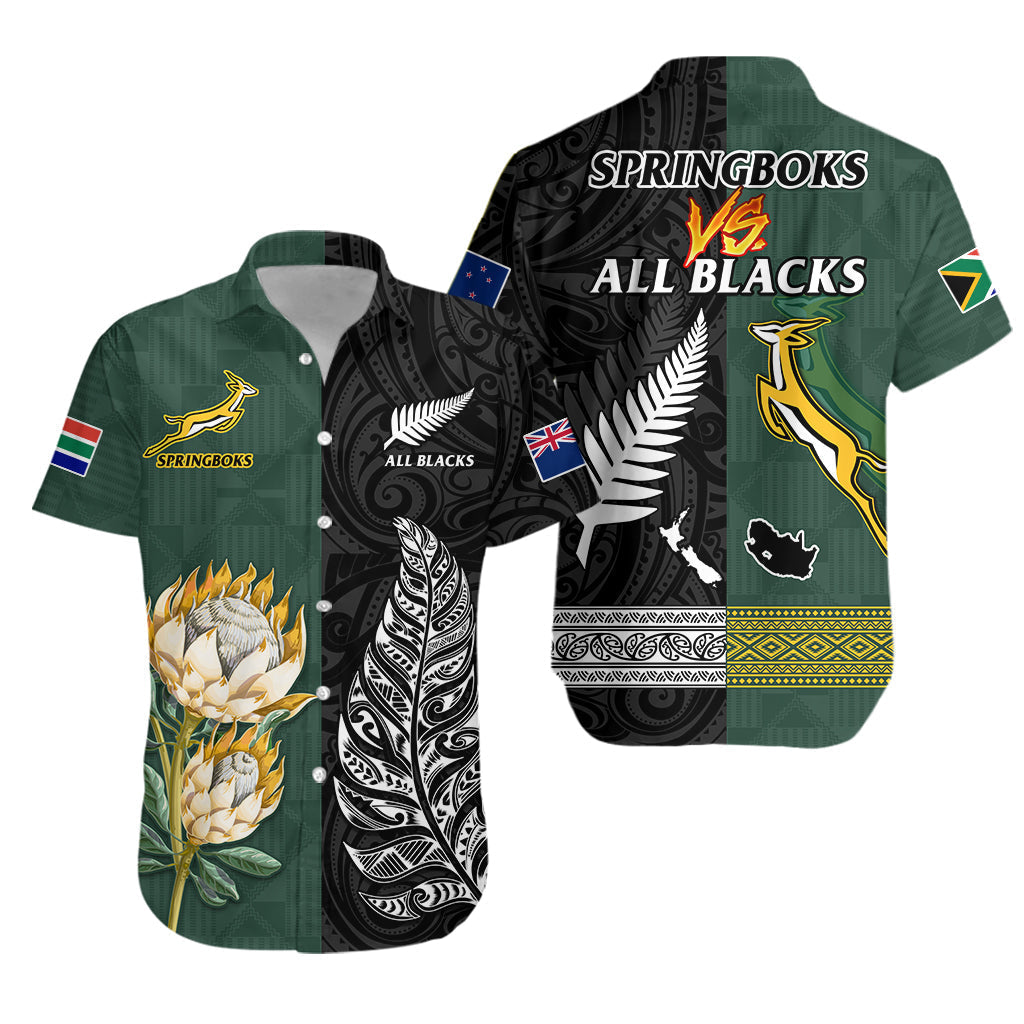 South Africa Protea and New Zealand Fern Hawaiian Shirt Rugby Go Springboks vs All Black