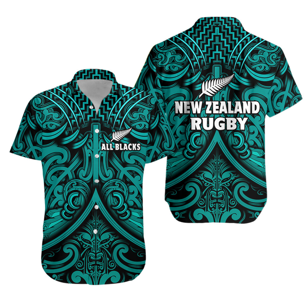 New Zealand Silver Fern Rugby Hawaiian Shirt All Black Turquoise NZ Maori Pattern