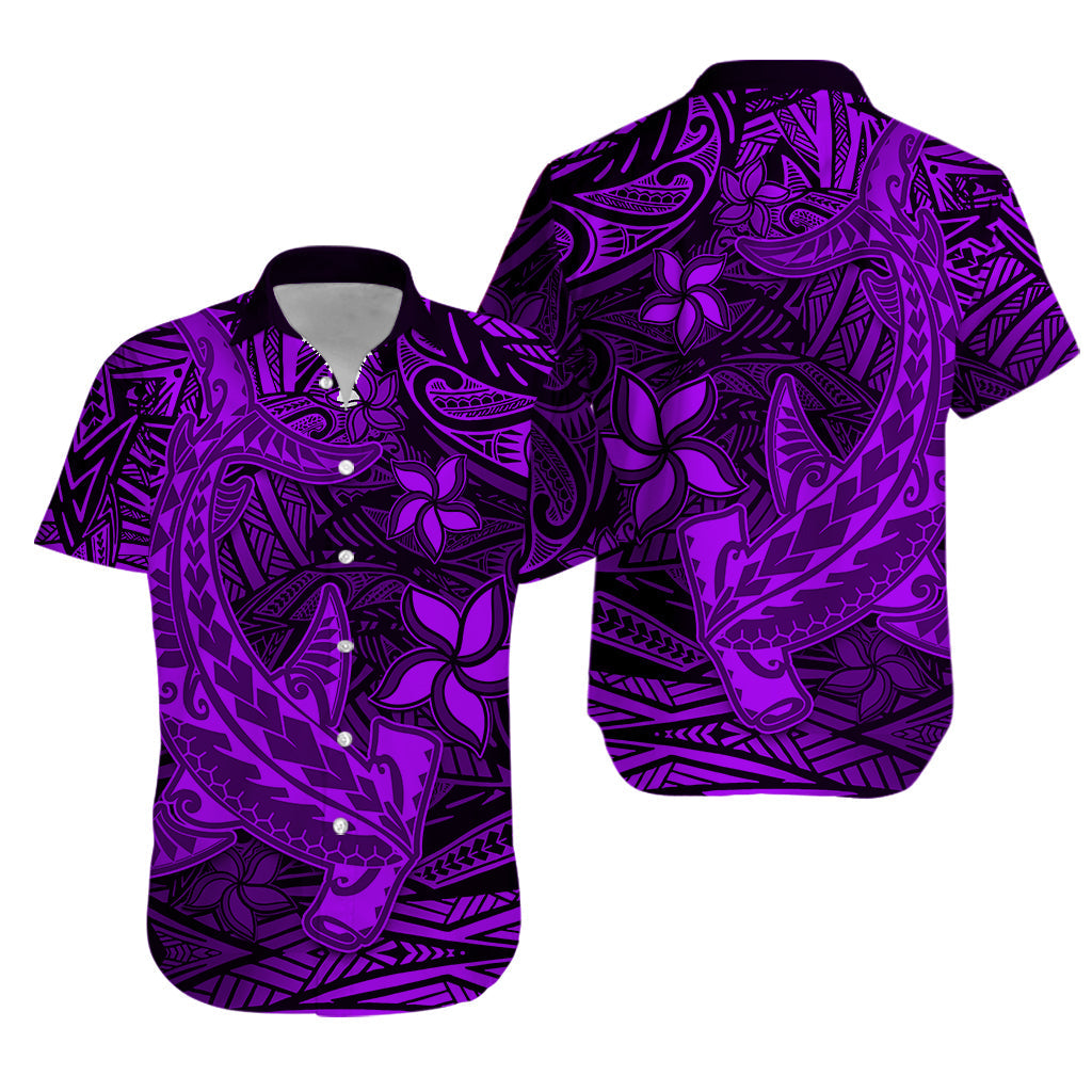 His And Her Matching Outfits Polynesian Combo Dress And Hawaiian Shirt Purple Hawaiian Tribal Hammerhead Shark