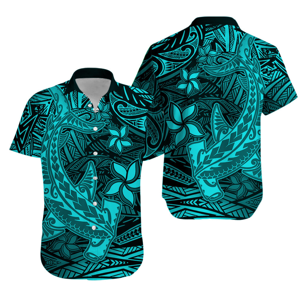 Matching Outfits For Couples Polynesian Combo Dress And Hawaiian Shirt Turquoise Hawaiian Tribal Hammerhead Shark