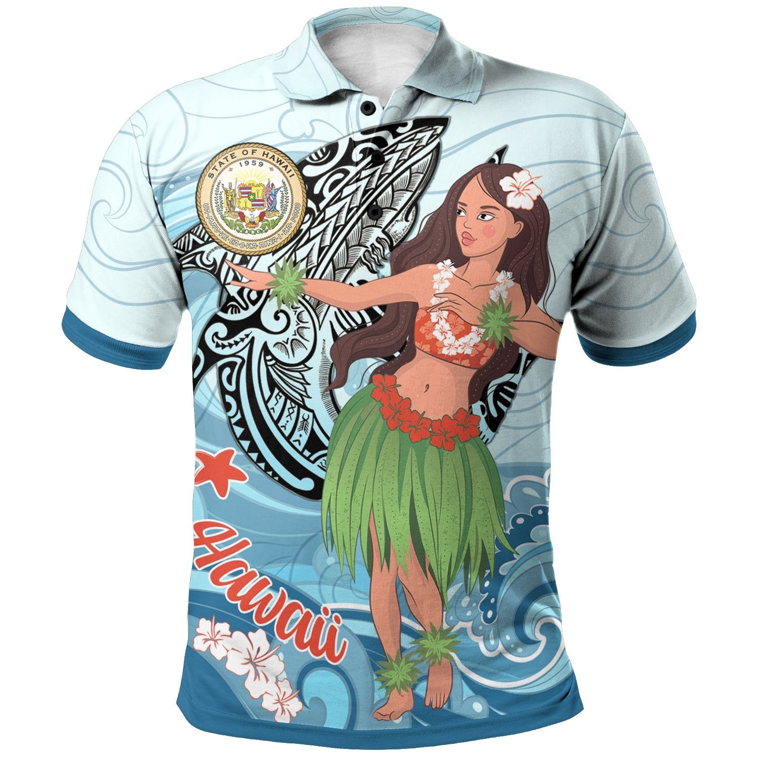Hawaii Polo Shirt - Polynesian Girls With Shark
