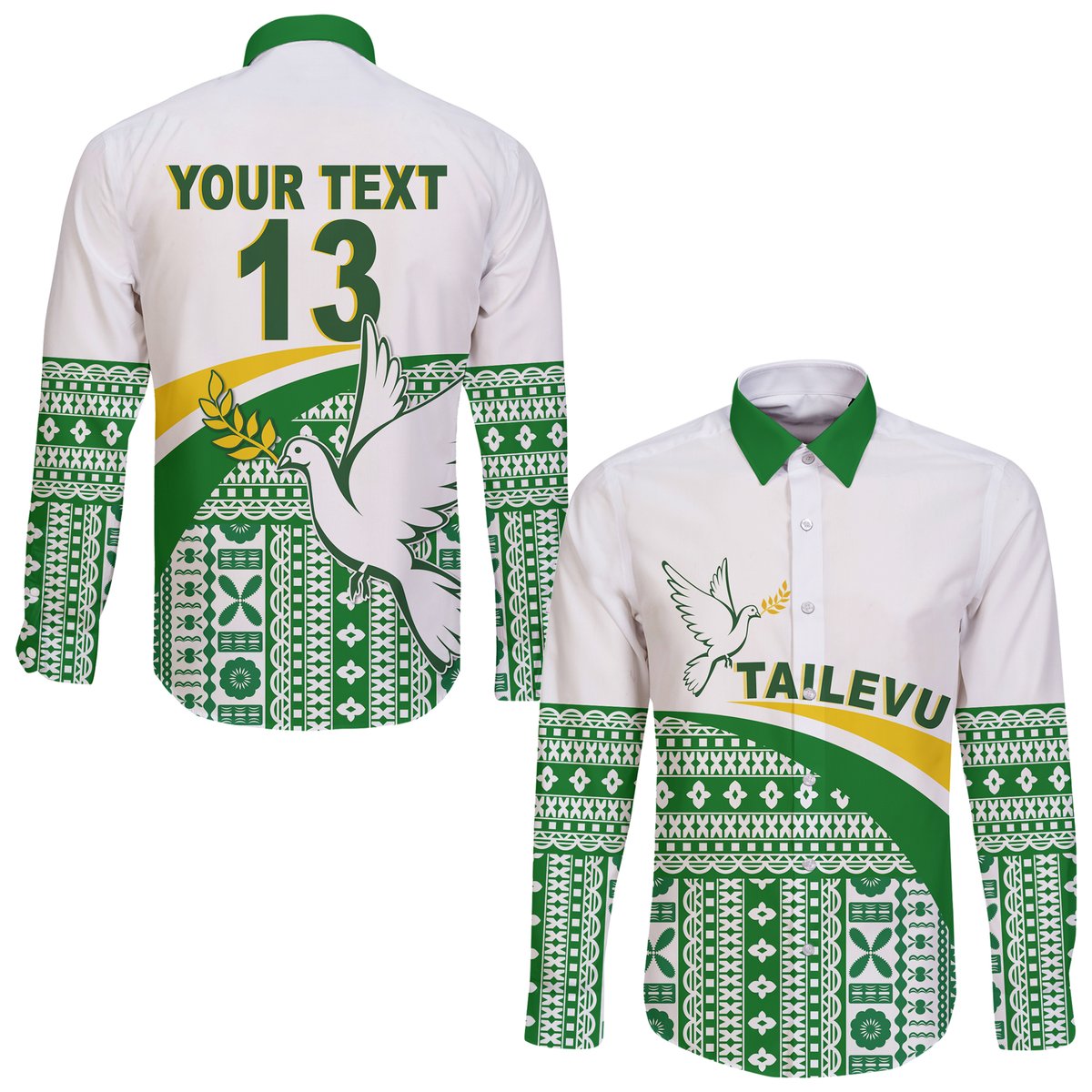 (Custom Text and Number) Tailevu Rugby Hawaii Long Sleeve Button Shirt Fiji Rugby Tapa Pattern White