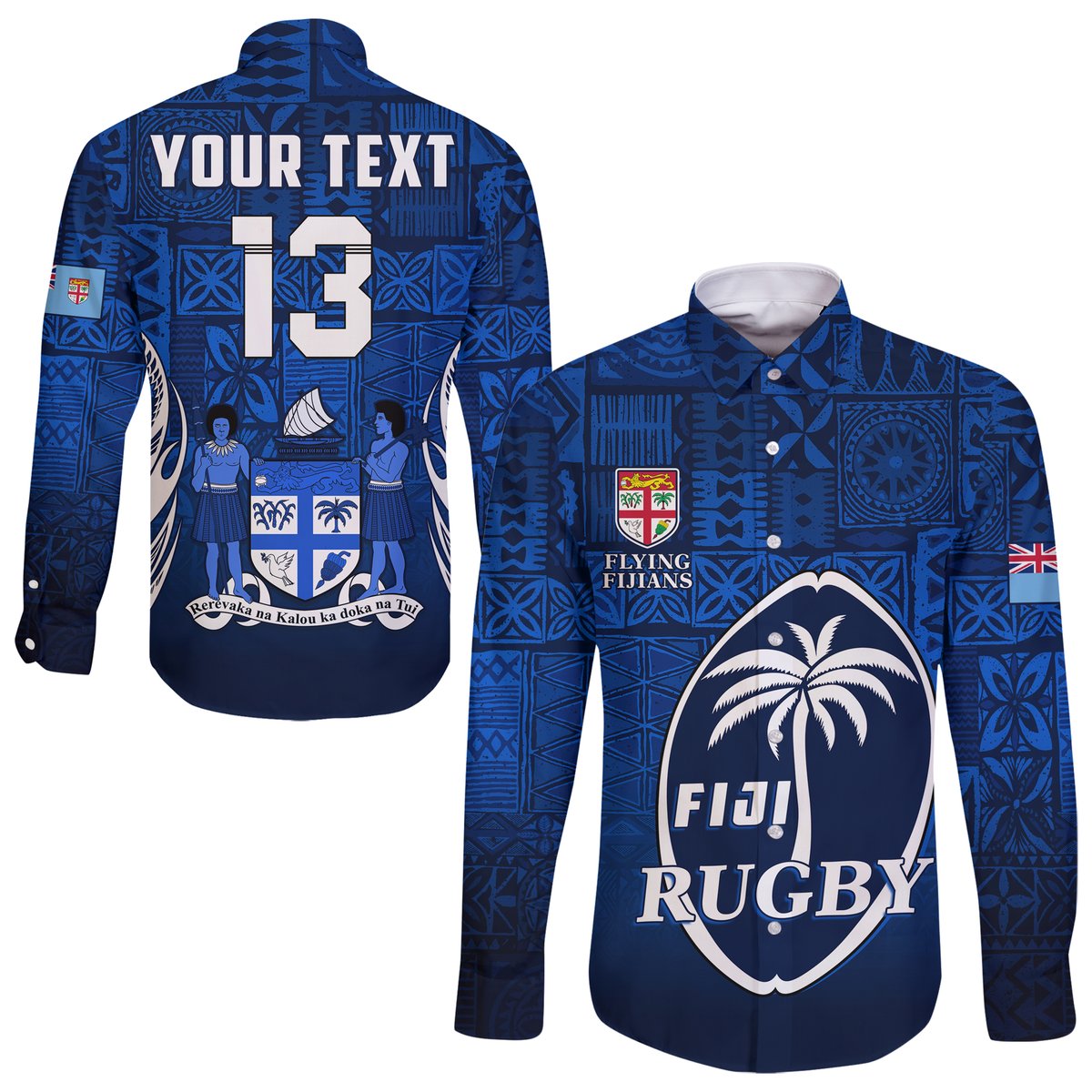 (Custom Text and Number) Fiji Rugby Hawaii Long Sleeve Button Shirt Flying Fijians Blue Tapa Pattern