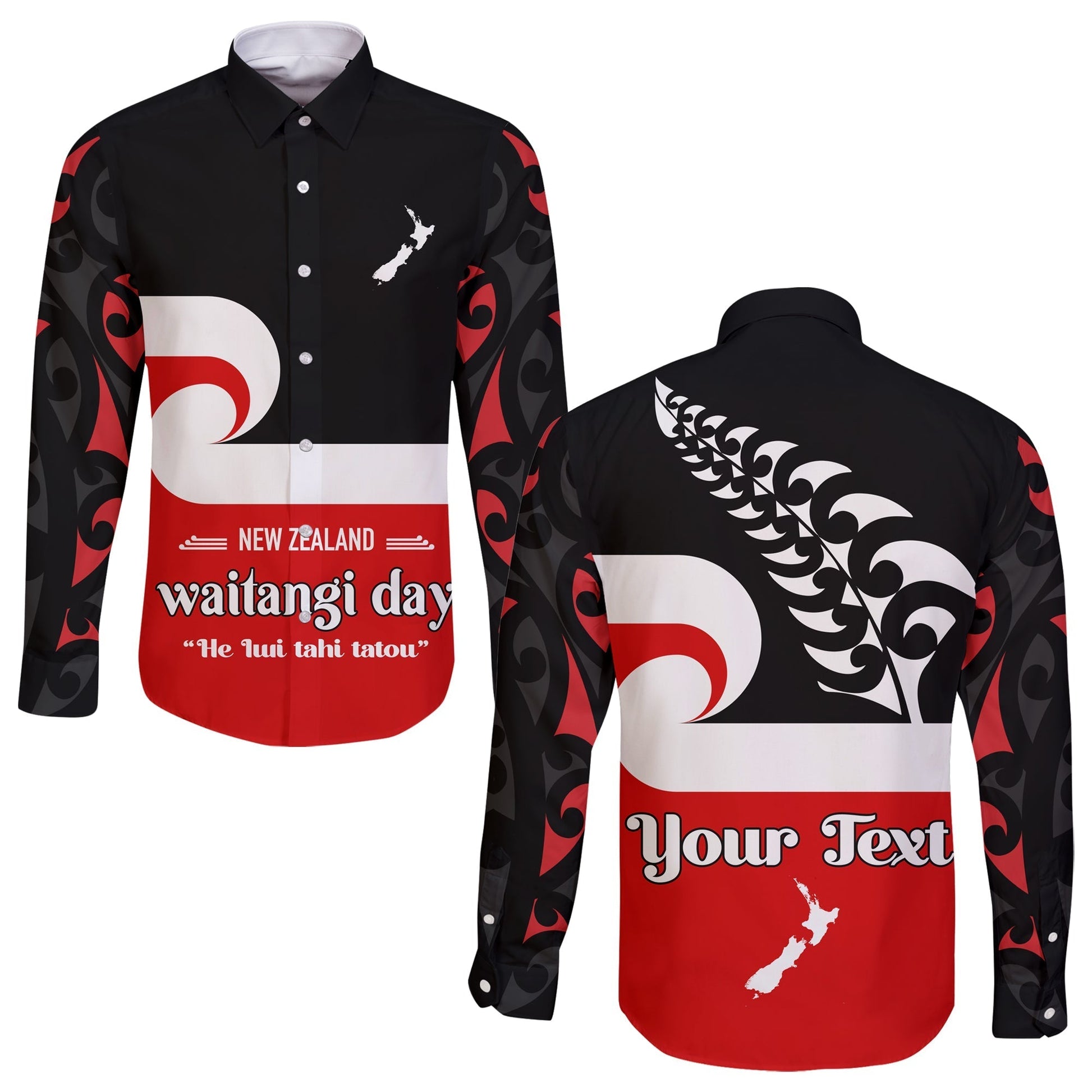 (Custom Personalised) Waitangi Day Long Sleeve Button Shirt Maori Fern and Tino Rangatiratanga Flag