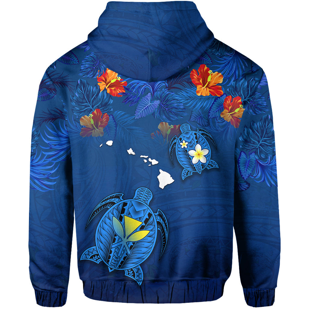 Hawaiian Islands Hoodie Hawaii Tropical Flowers and Turtles Blue