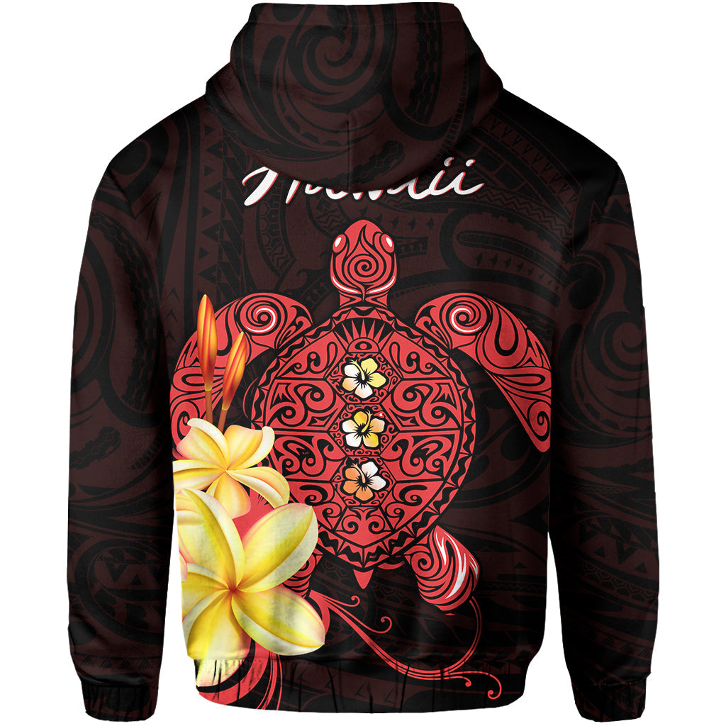 Hawaii Turtle Zip Hoodie Hawaiian Flowers Version Red Elegant