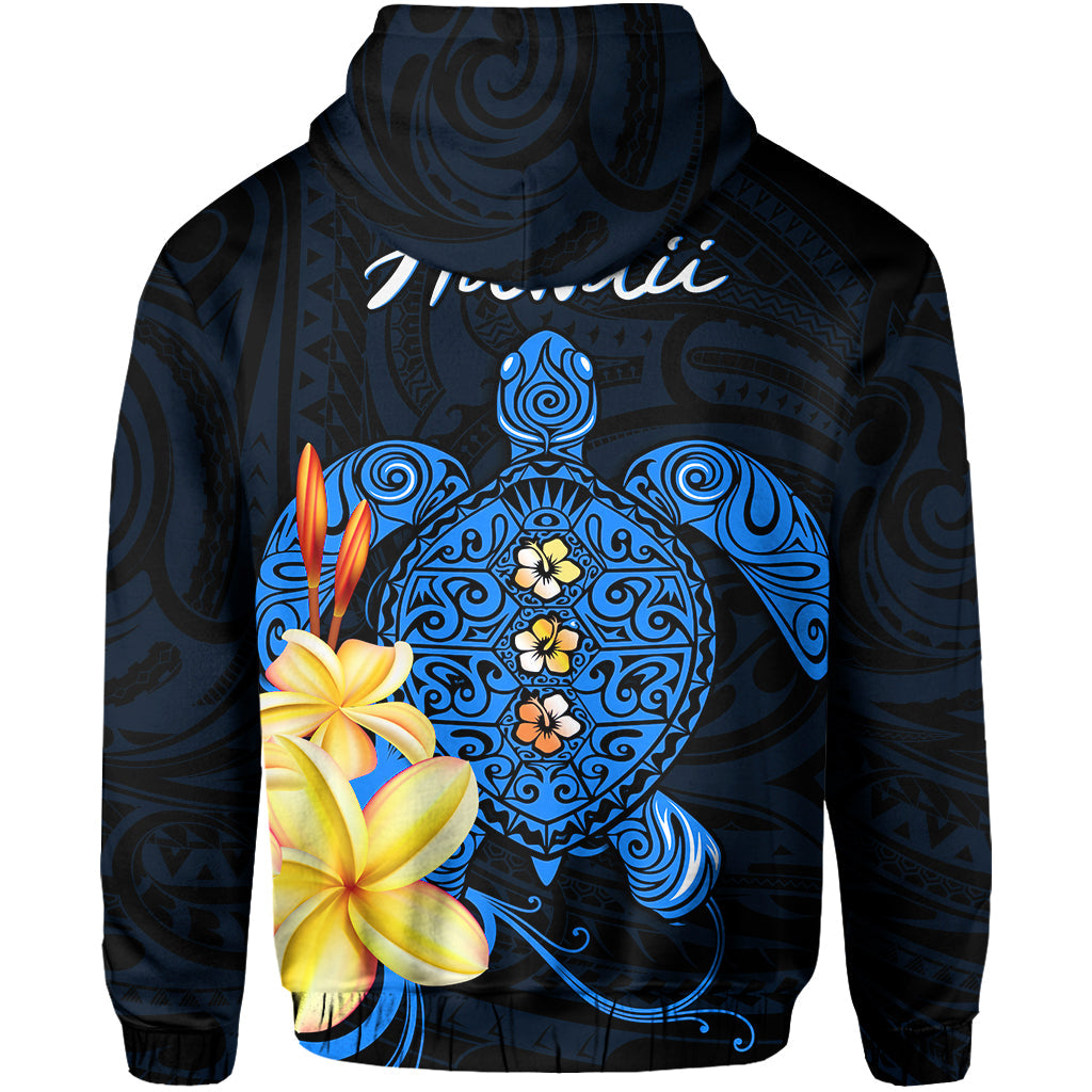 Hawaii Turtle Zip Hoodie Hawaiian Flowers Version Blue Elegant