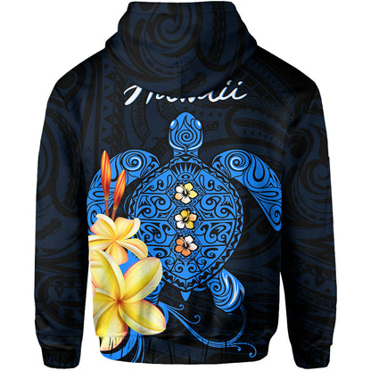 Hawaii Turtle Zip Hoodie Hawaiian Flowers Version Blue Elegant