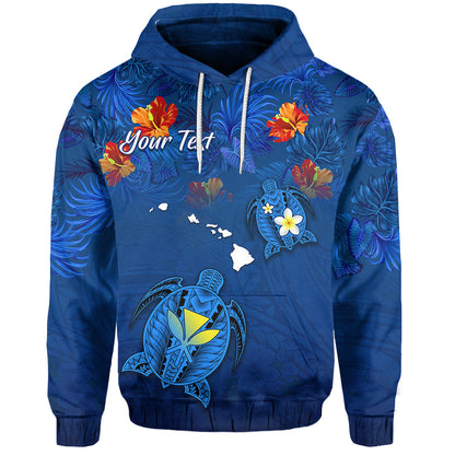 ( Personalised) Hawaiian Islands Hoodie Hawaii Tropical Flowers and Turtles Blue