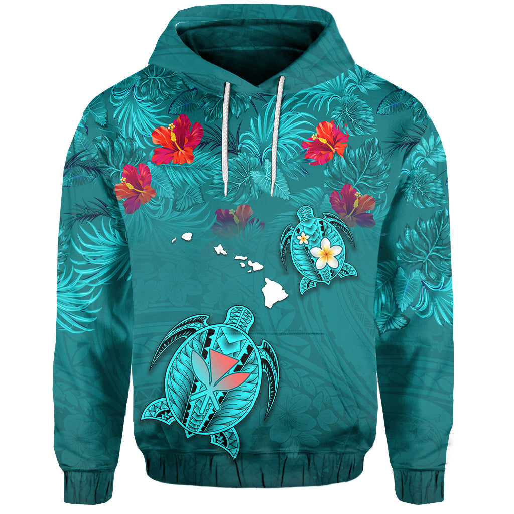 Hawaiian Islands Hoodie Hawaii Tropical Flowers and Turtles Turquoise