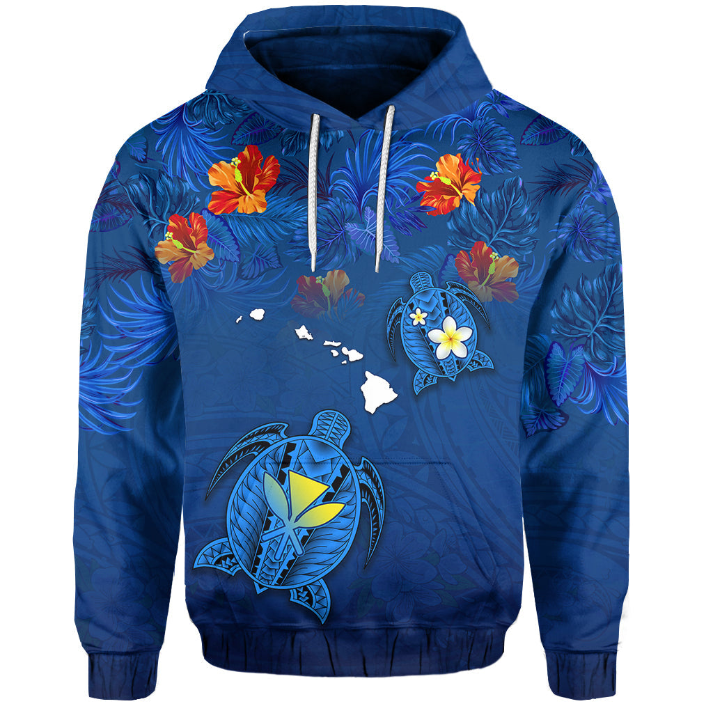 Hawaiian Islands Hoodie Hawaii Tropical Flowers and Turtles Blue