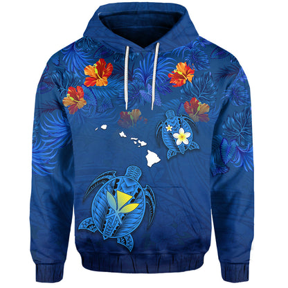 Hawaiian Islands Hoodie Hawaii Tropical Flowers and Turtles Blue