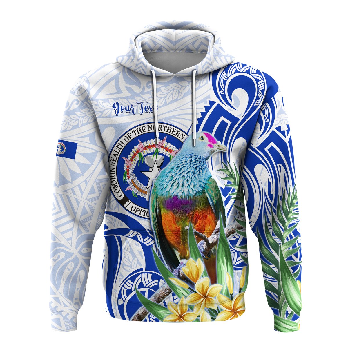 ( Personalised) Northern Mariana Islands Hoodie Mariana Fruit Dove Mix Frangipani Flowers White