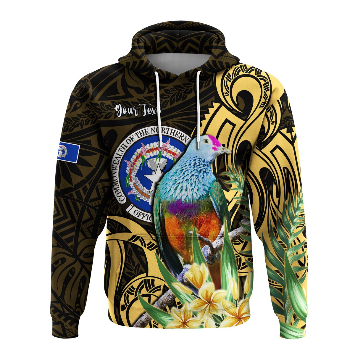 ( Personalised) Northern Mariana Islands Hoodie Mariana Fruit Dove Mix Frangipani Flowers Gold