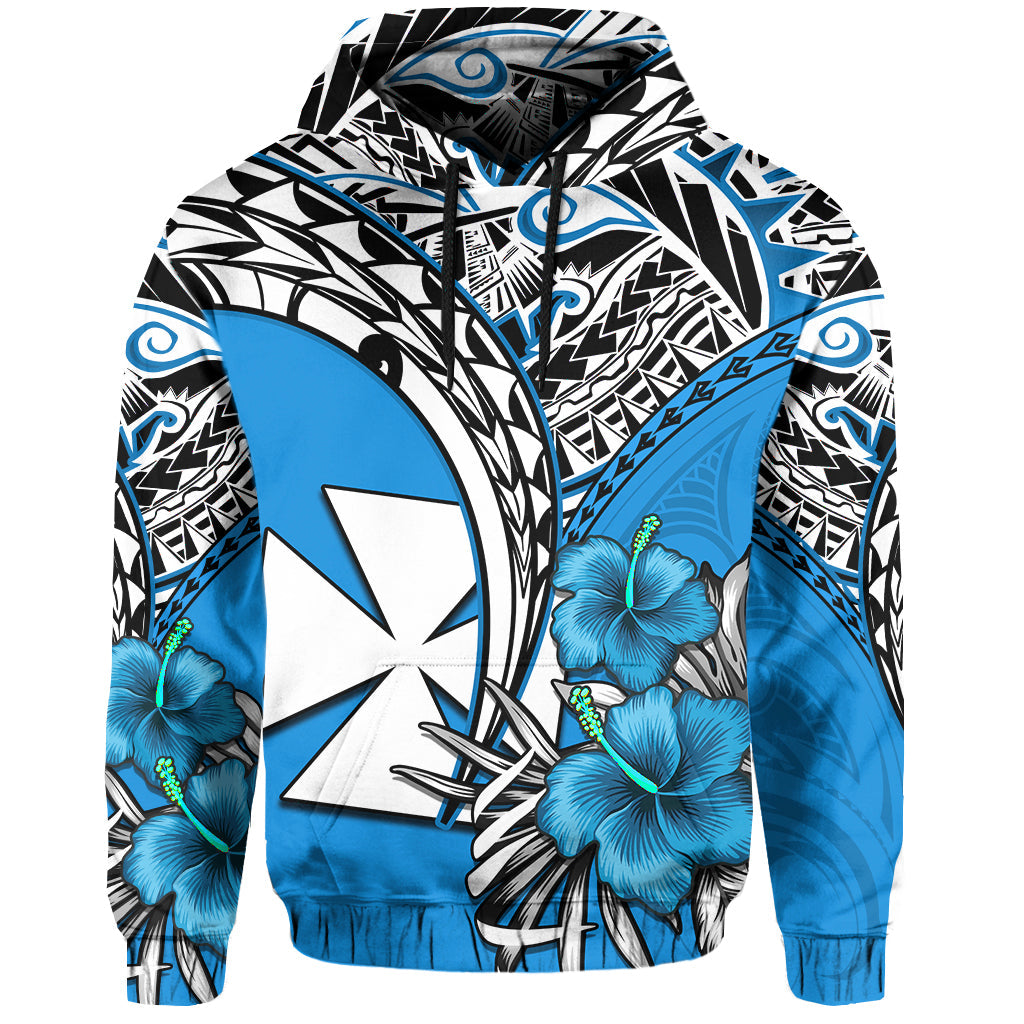 Wallis et Futuna Hoodie Polynesian Pattern and Hibiscus Flowers Version Blue