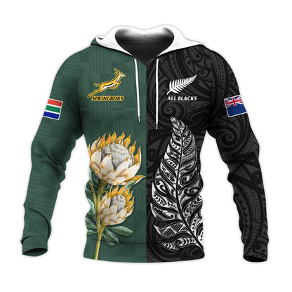 Custom Text and Number South Africa Protea and New Zealand Fern Hoodie Rugby Go Springboks vs All Black