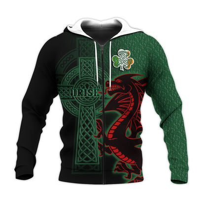 Custom Ireland Hoodie The Shamrock Celtic Cross Mix Dragon