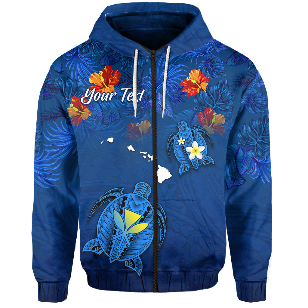 ( Personalised) Hawaiian Islands Zip Hoodie Hawaii Tropical Flowers and Turtles Blue