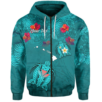 Custom Text Hawaiian Islands Zip Hoodie Personalised Hawaii Tropical Flowers and Turtles Turquoise Hoodie
