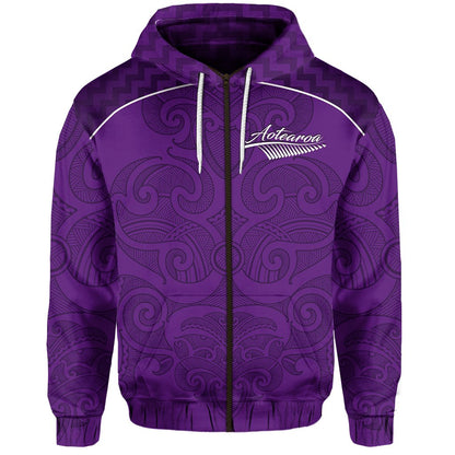 ( Personalised) Maori 2021 Zip Hoodie Purple Aotearoa Tattoo Text and Number