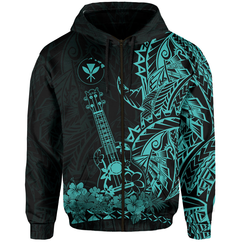 Hawaii Polynesian Zip Hoodie Ukulele Turquoise