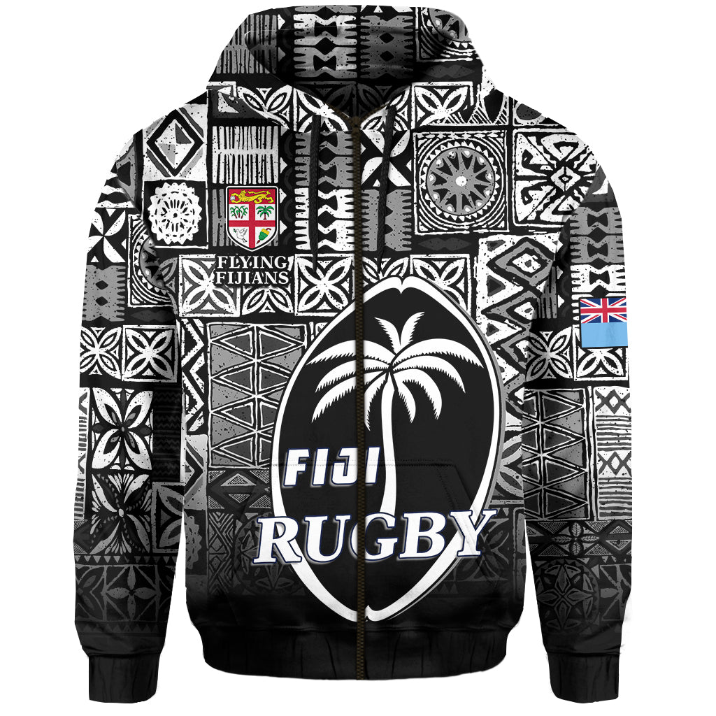 Fiji Rugby Zip Hoodie Flying Fijians Black Tapa Pattern