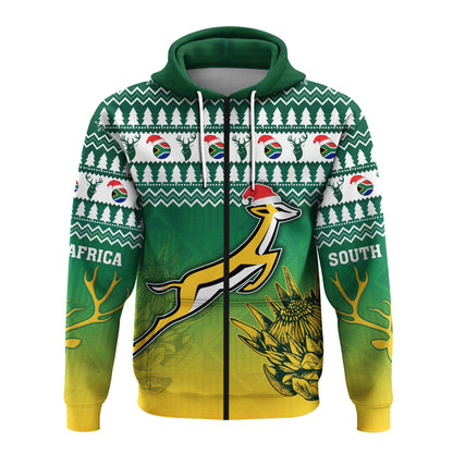 South Africa Rugby Christmas Custom Zip Hoodie Proud Springboks