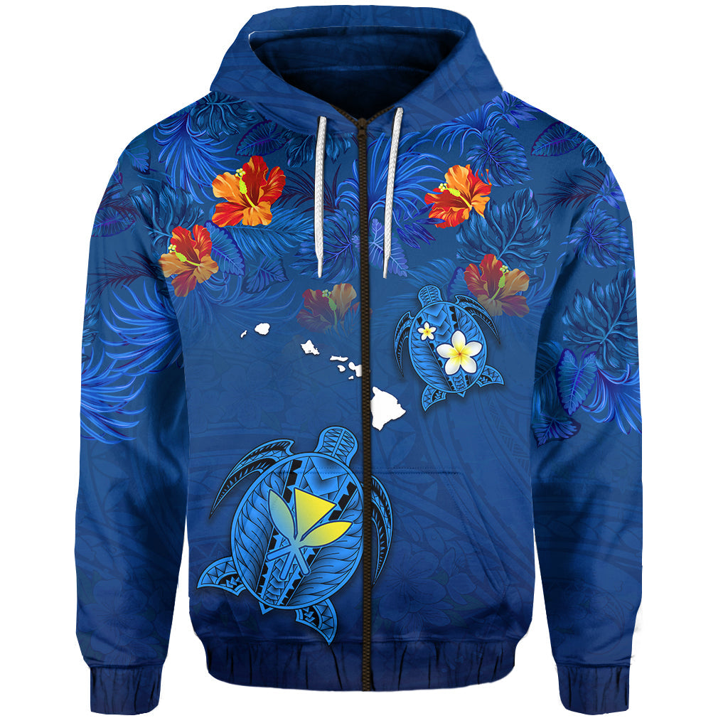 Hawaiian Islands Zip Hoodie Hawaii Tropical Flowers and Turtles Blue