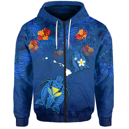 Hawaiian Islands Zip Hoodie Hawaii Tropical Flowers and Turtles Blue