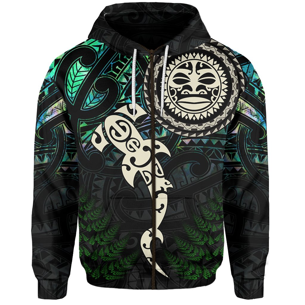 Aotearoa Paua Shell Zip Hoodie Maori Manaia and Fish