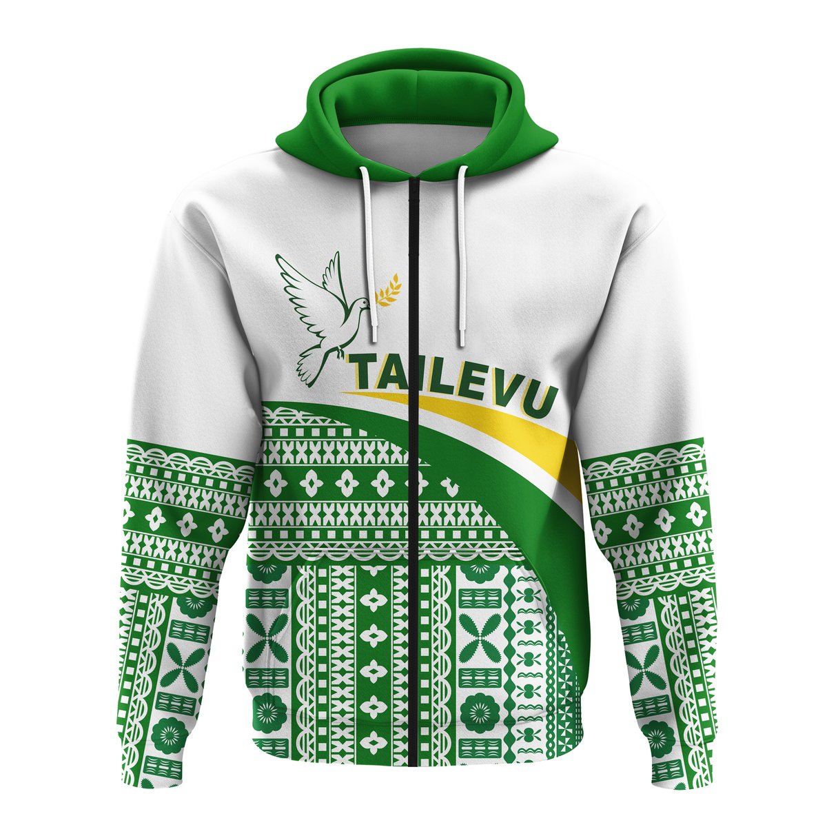 Tailevu Rugby Zip Hoodie Fiji Rugby Tapa Pattern White