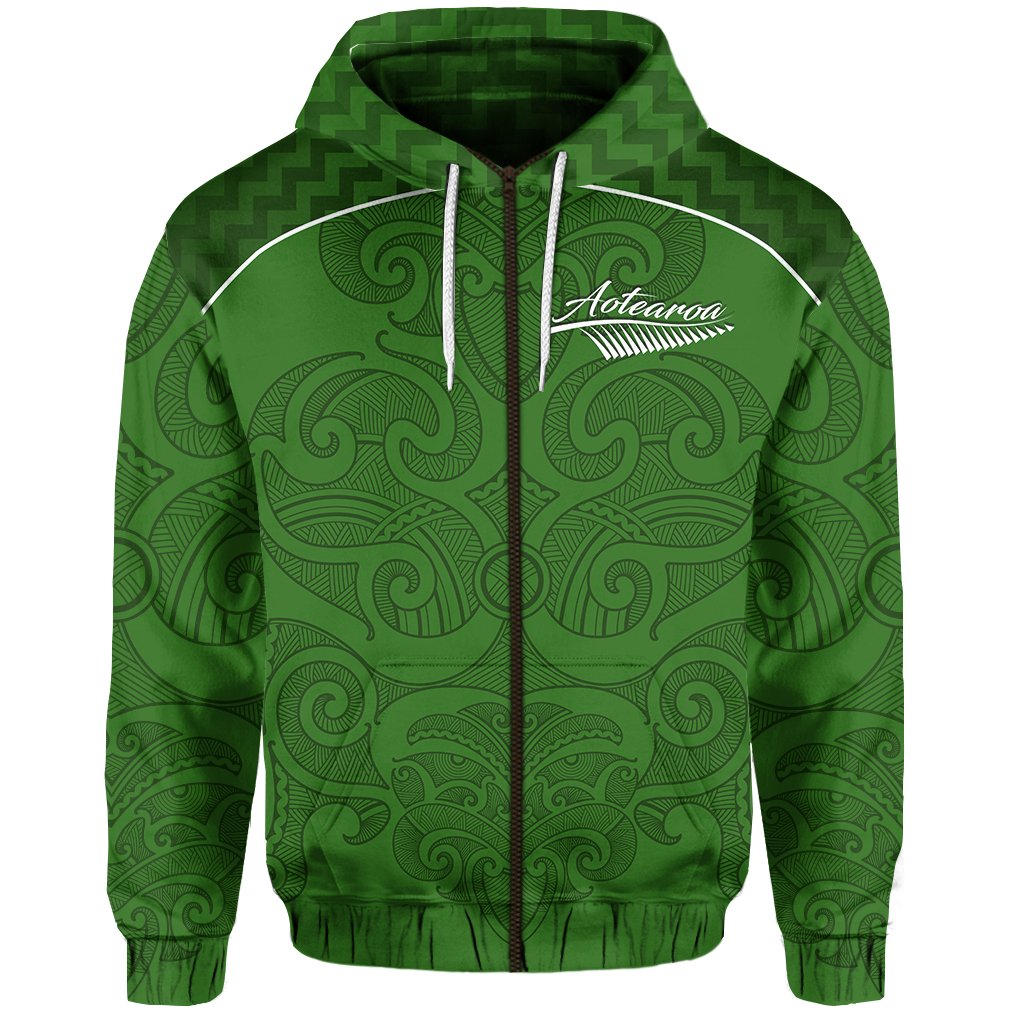 Maori 2021 Zip Hoodie Green Aotearoa Tattoo