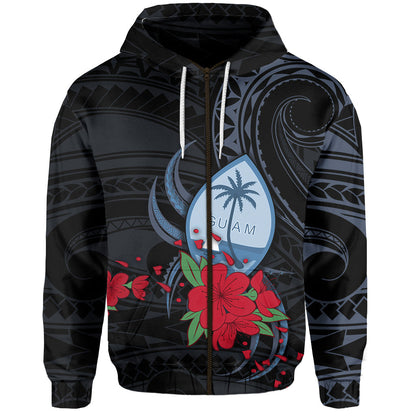 Guam Zip Hoodie Polynesian Flowers Version Black