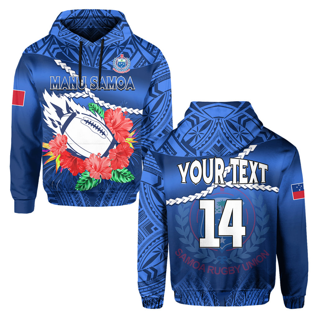 Custom Text Samoa Rugby Hoodie Manu Samoa Polynesian Hibiscus Blue Style Zip Up Hoodie