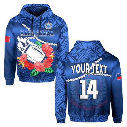 Custom Text Samoa Rugby Hoodie Manu Samoa Polynesian Hibiscus Blue Style Zip Up Hoodie
