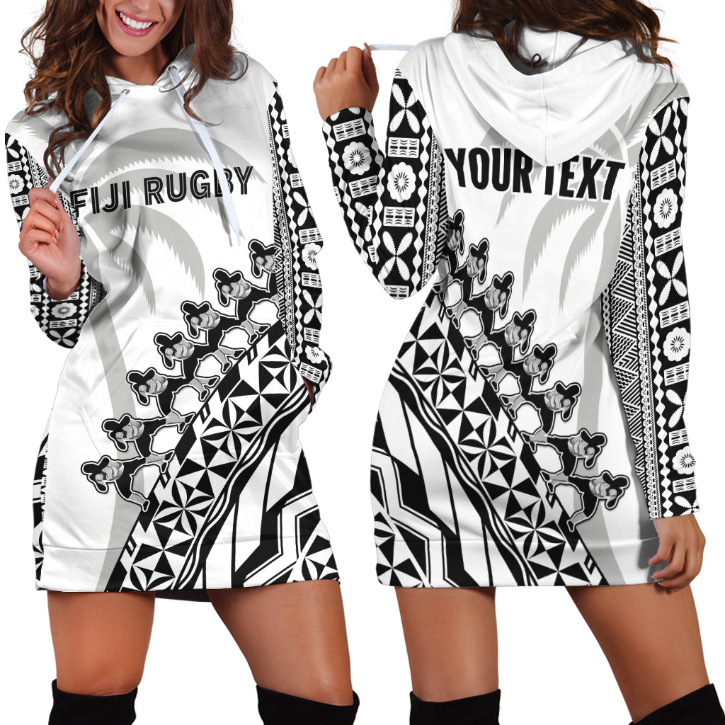 Custom Personalised Fiji Rugby Hoodie Dress Fijian Cibi Dance Tapa Pattern White
