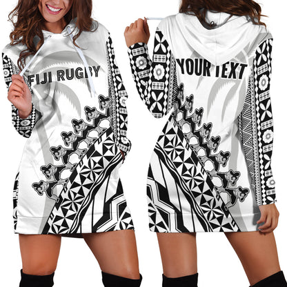 Custom Personalised Fiji Rugby Hoodie Dress Fijian Cibi Dance Tapa Pattern White