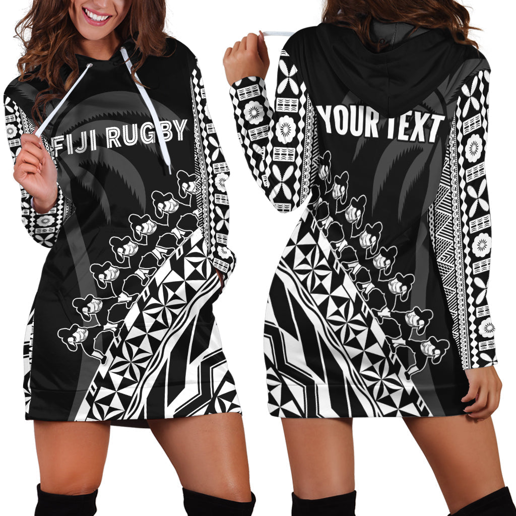Custom Personalised Fiji Rugby Hoodie Dress Fijian Cibi Dance Tapa Pattern Black