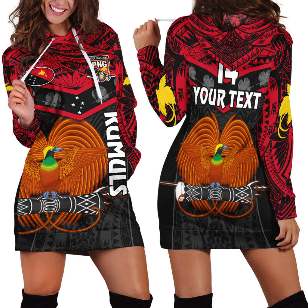 Custom Text And Number Papua New Guinea Rugby Hoodie Dress PNG Kumuls Bird Of Paradise Black