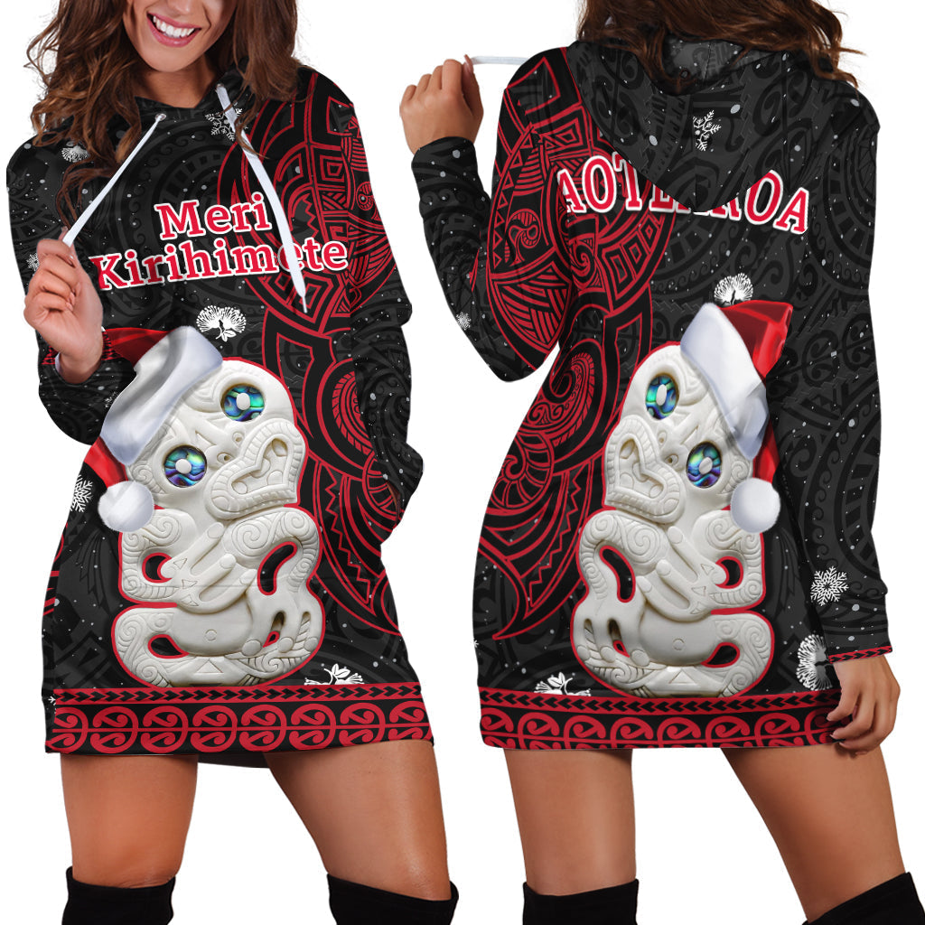 New Zealand Christmas Hoodie Dress Hei Tiki Red Pohutukawa Meri Kirihimete