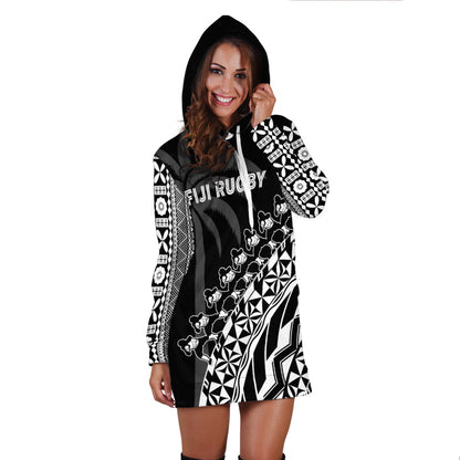 Custom Personalised Fiji Rugby Hoodie Dress Fijian Cibi Dance Tapa Pattern Black