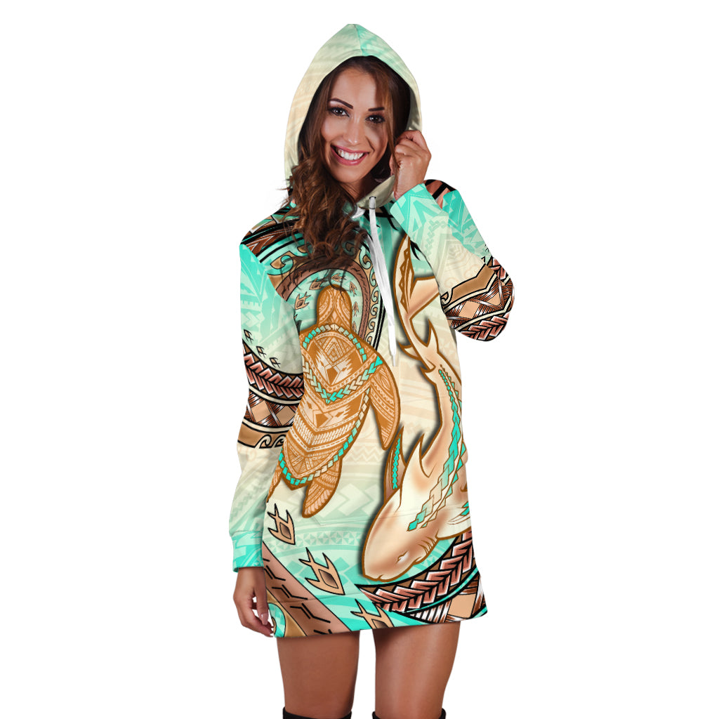 Hawaii Hoodie Dress Polynesian Shark And Sea Turtle Dreamy Turquoise Artsy
