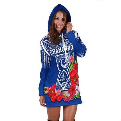 Custom Personalised Guam Chamorro Hoodie Dress Guaman Latte Stone Tropical Flowers Blue Version