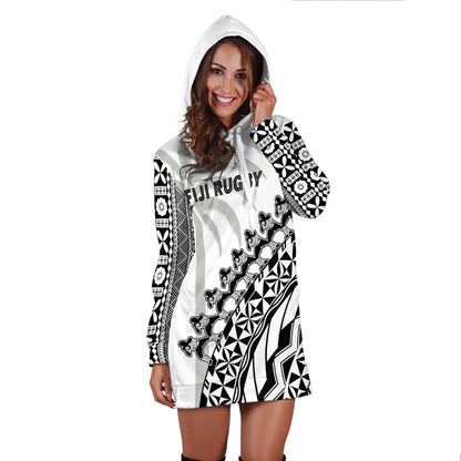 Custom Personalised Fiji Rugby Hoodie Dress Fijian Cibi Dance Tapa Pattern White