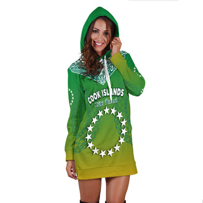 Custom Personalised Cook Islands Hoodie Dress Circle Pattern Mix Sea Turtle Green Version