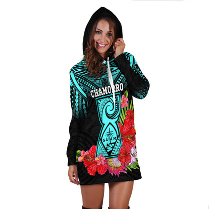 Custom Personalised Guam Chamorro Hoodie Dress Guaman Latte Stone Tropical Flowers Turquoise Style